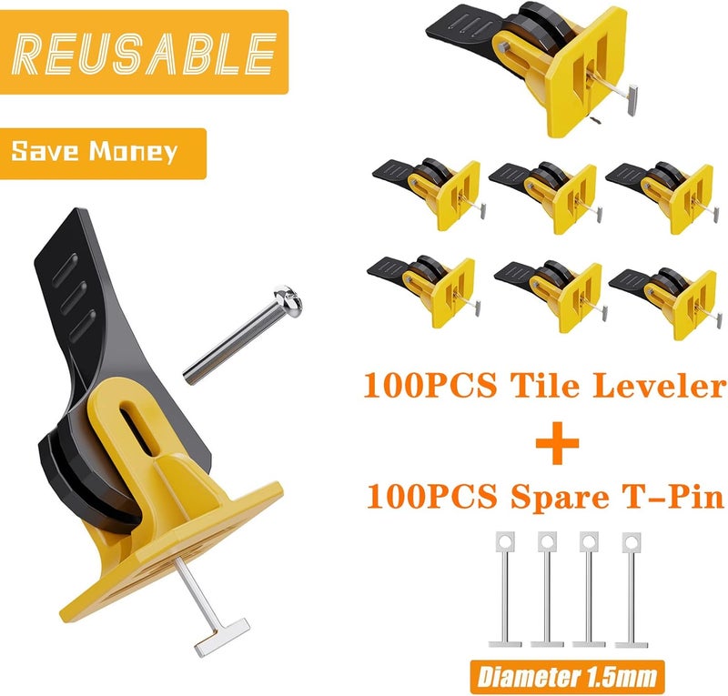FACITE Tile Leveling System Kit Tile Spacers 100pcs Reusable Leveler+Extra 100pcs Replaceable Steel Pin Tlie Tools Installation Set Floor Leveling Compounds 1/8", New Adjustable Fit 8-12mm Tile - Image 2